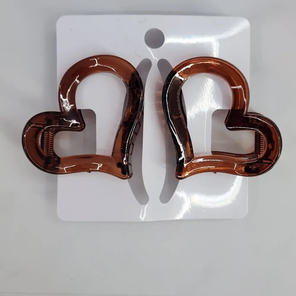 2 Heart Shaped Hair Claw Clips - Open middle Brown Hair Accessories!